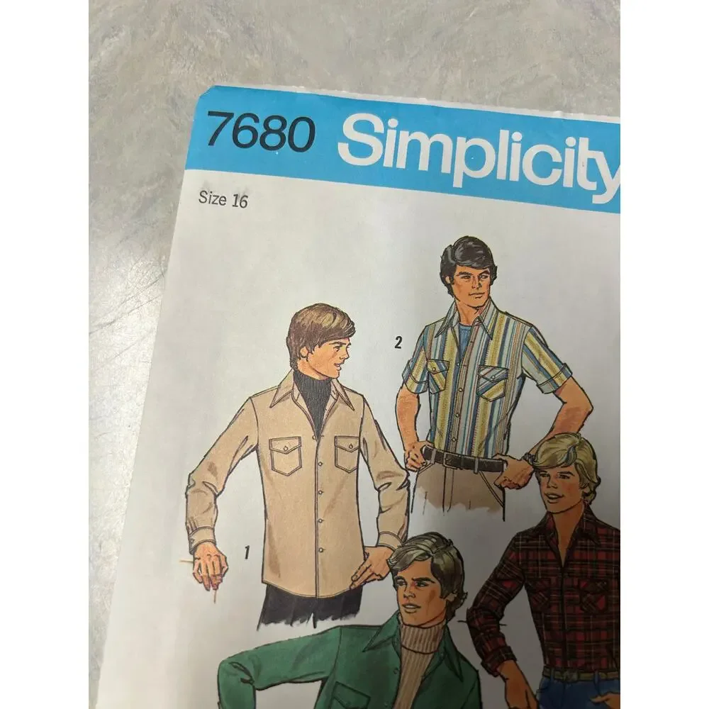Vintage 1970's Simplicity Pattern #7680‎ Teen Boys Shirt Size 16